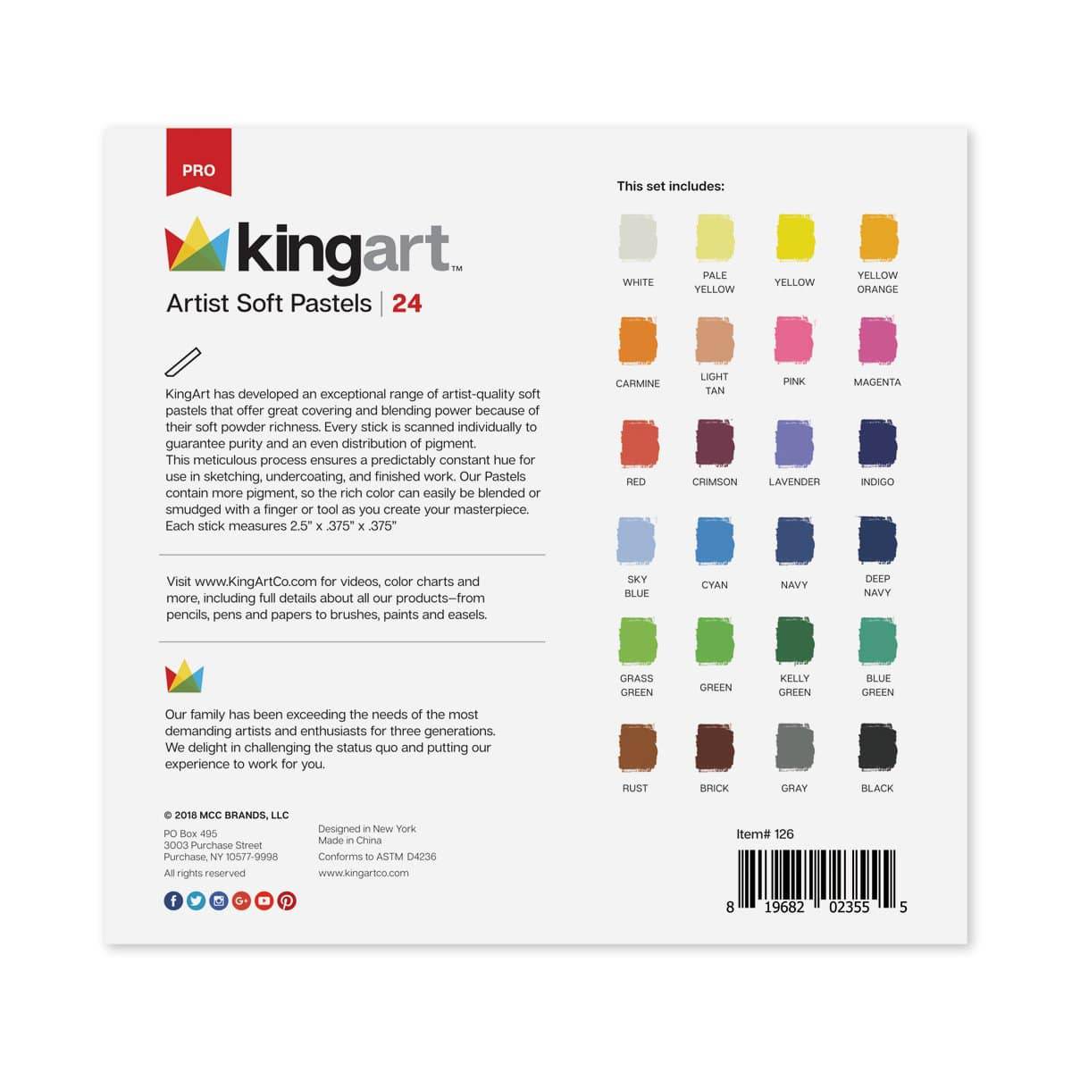 KINGART® Colored Square Chalk Pastels, Set of 24 Unique Colors