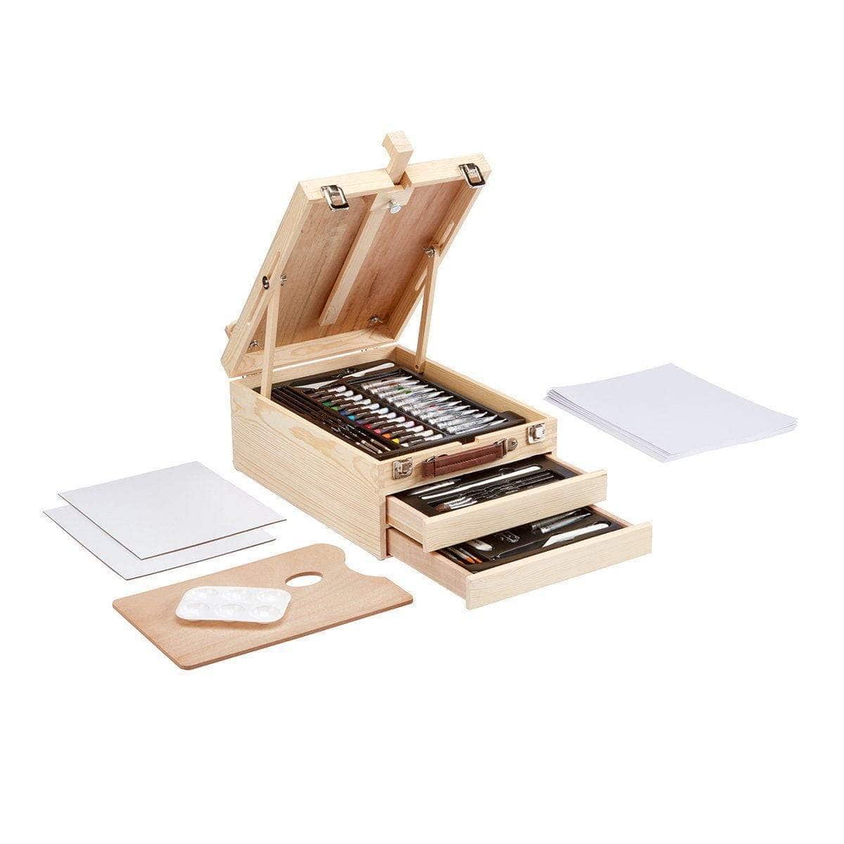 Soho Urban Artist Sketch Box and Table Easel - Portable, Multi Media,  Adjustable Angle with Storage Compartments - Walnut Finish 