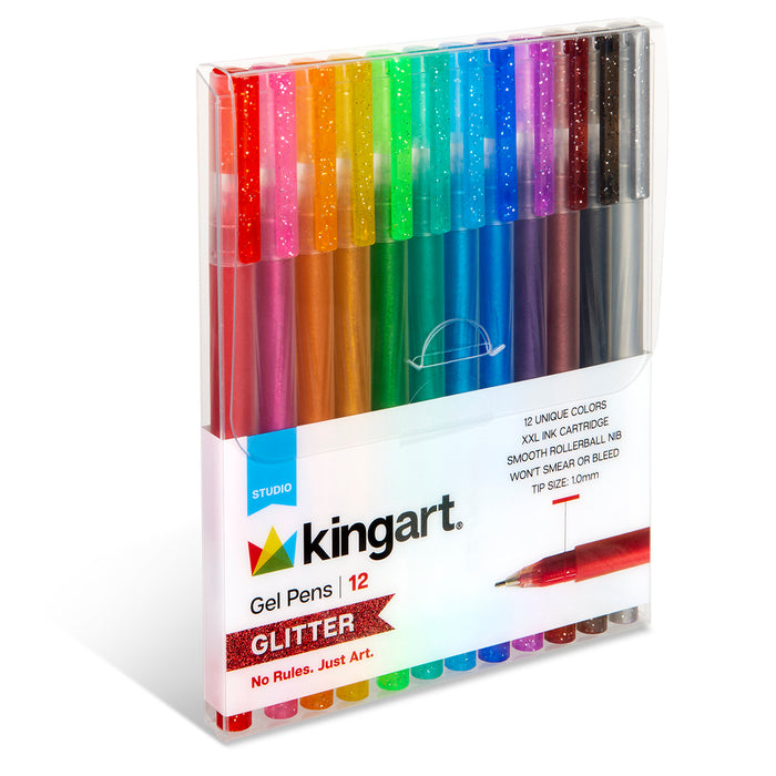 KINGART® Glittering Colored Gel Pens, Scrapbook, Journals, or Drawing, Colored Glitter Ink, Medium Line , Set of 12 Unique Colors - Studio - KINGART