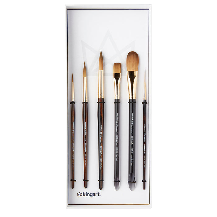 KINGART® Finesse™ Kolinsky Sable Synthetic Blend Premium Watercolor Artist Brushes, Gift Box, Set of 6