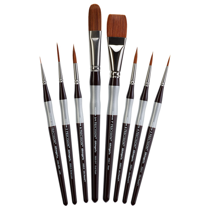 KINGART® Precision™ Series Amber Taklon Brushes, Ergonomic Comfort Handle, Gift Box, Set of 8 - Premium - KINGART®