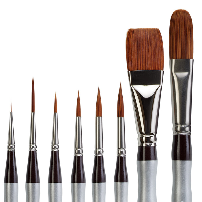 KINGART® Precision™ Series Amber Taklon Brushes, Ergonomic Comfort Handle, Gift Box, Set of 8 - Premium - KINGART®