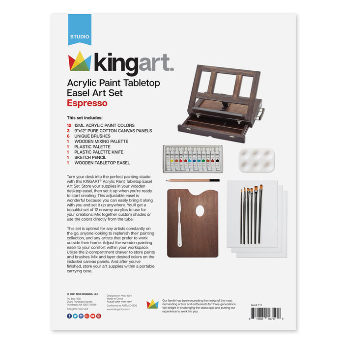 KINGART® Studio Acrylic Paint Tabletop Easel Art Set, Espresso Finish, Set of 26 Unique Pieces - Studio - KINGART®