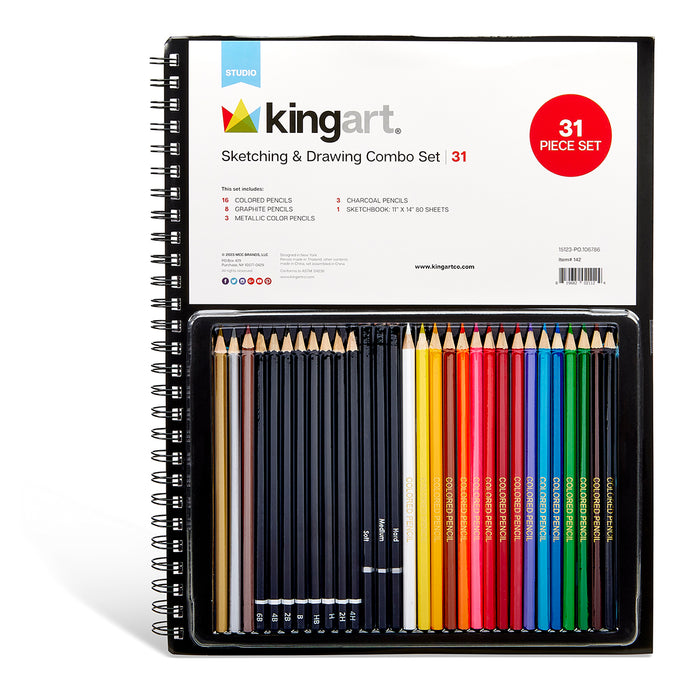 KINGART® Studio Sketching & Drawing Set - Sketchbook & 30 Piece Pencil Set - Studio - KINGART®