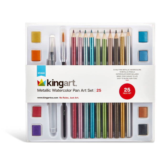 KINGART 25 PC. METALLIC WATERCOLOR PAN ART SET BOX -  - KINGART