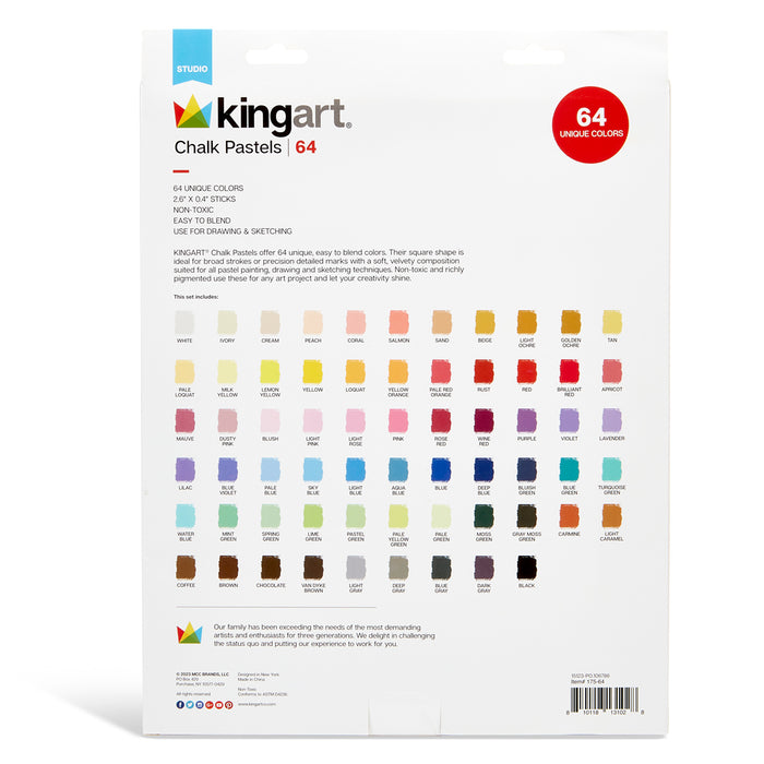 KINGART® Colored Square Chalk Pastels, Set of 64 Unique Colors - Studio - KINGART