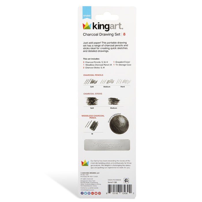 KINGART 8 PC. CHARCOAL SKETCHING SET WITH TIN -  - KINGART