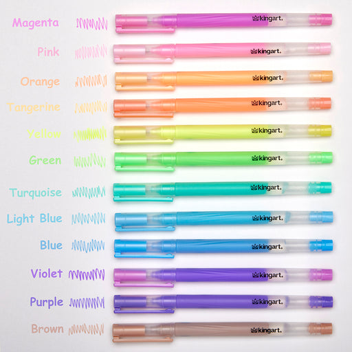 KINGART® Pastel & Opaque Gel Pens, Scrapbook, Journals, or Drawing, Colored Ink, Medium Line , Set of 12 Unique Shades - Studio - KINGART