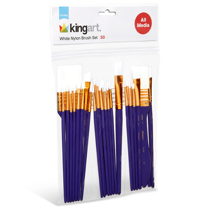 KINGART® Studio All-Purpose Art, Craft & Hobby White Nylon Paint Brushes, Set of 30 -  - KINGART