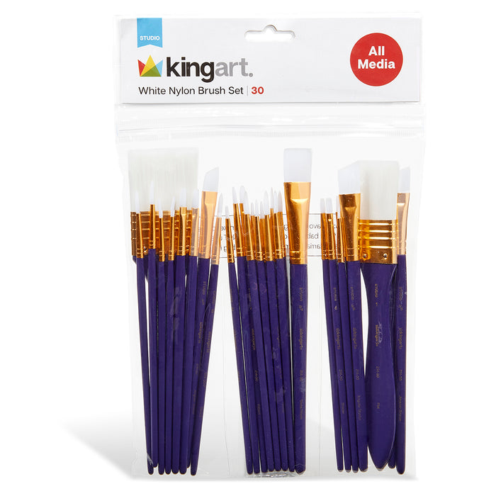 KINGART® Studio All-Purpose Art, Craft & Hobby White Nylon Paint Brushes, Set of 30 -  - KINGART