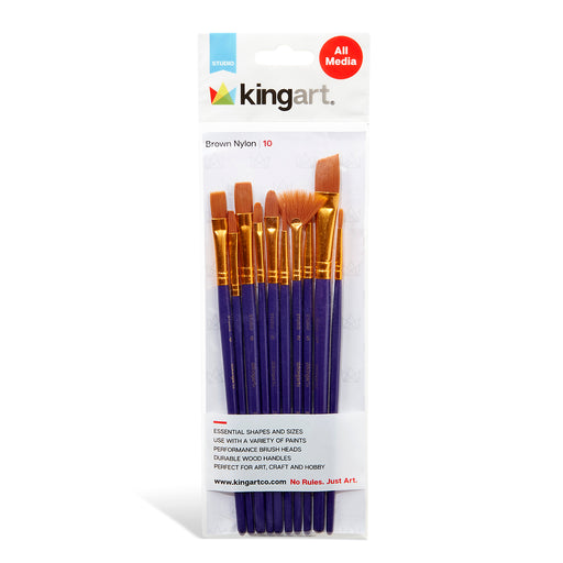 KINGART® Studio All-Purpose Art, Craft & Hobby Golden Nylon Paint Brushes, Set of 10 - Studio - KINGART