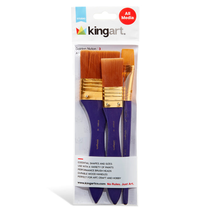 KINGART® Studio All-Purpose Art, Craft & Hobby Golden Nylon Large Area Brushes, Set of 3 - Studio - KINGART