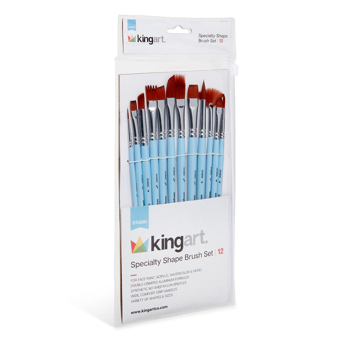 KINGART® Studio Brown Nylon Specialty Shapes Brush Set – 12 pcs, Short Handle, For All Media - Studio - KINGART®