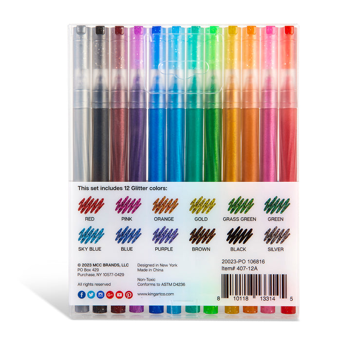 KINGART® Glittering Colored Gel Pens, Scrapbook, Journals, or Drawing, Colored Glitter Ink, Medium Line , Set of 12 Unique Colors - Studio - KINGART