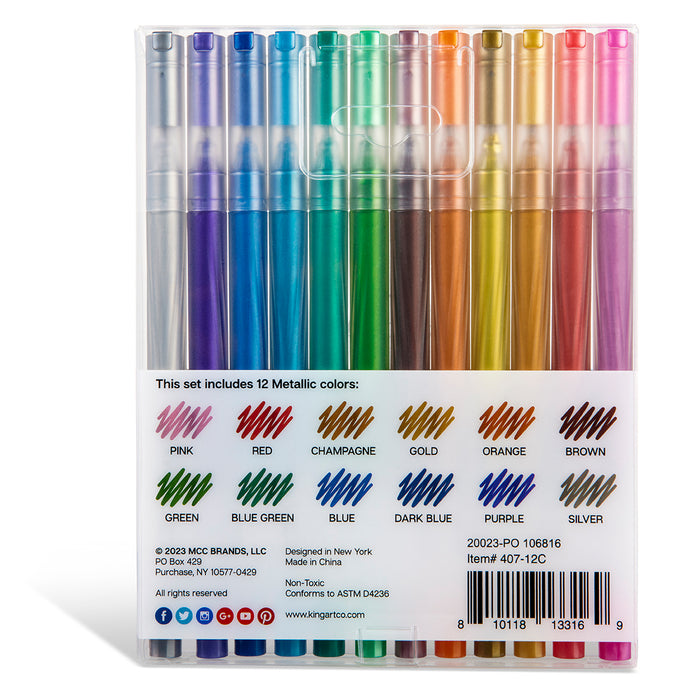 KINGART® Metallic Gel Pens, Scrapbook, Journals, or Drawing, Colored Metallic Ink, Medium Line , Set of 12 Unique Shades - Studio - KINGART