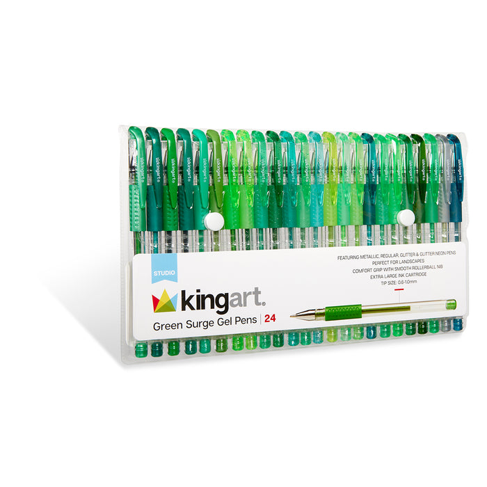 KINGART® Soft Grip Green Tone Gel Pens, 2.0mm Ink Cartridge, Set of 24 Unique Colors - Studio - KINGART