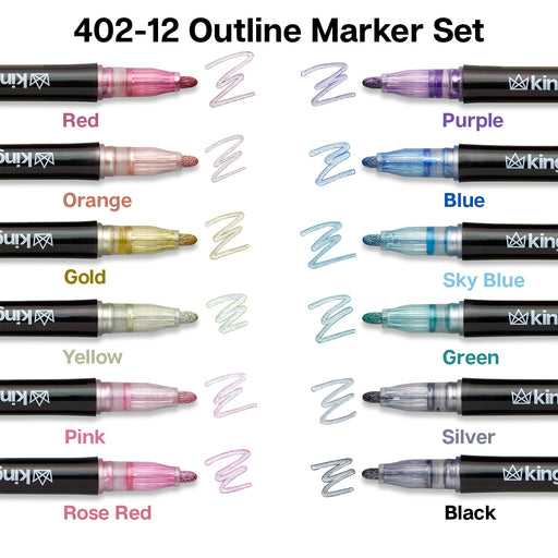 KINGART® Outline Markers - 12 pc. Set, Metallic Silver with Color Outlines - Studio - KINGART®