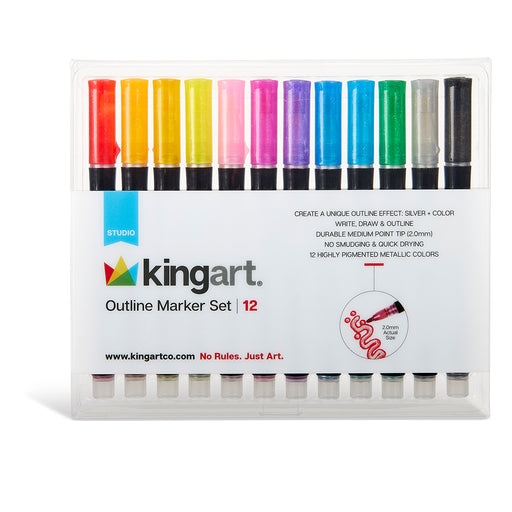 KINGART Studio Outline Markers - 12 pc. Set, Metallic Silver with Color Outlines - Studio - KINGART®