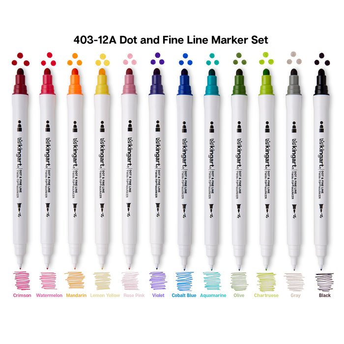 KINGART® Dot & Fine Twin-Tip™ Markers, Set of 12 Unique Colors -  - KINGART