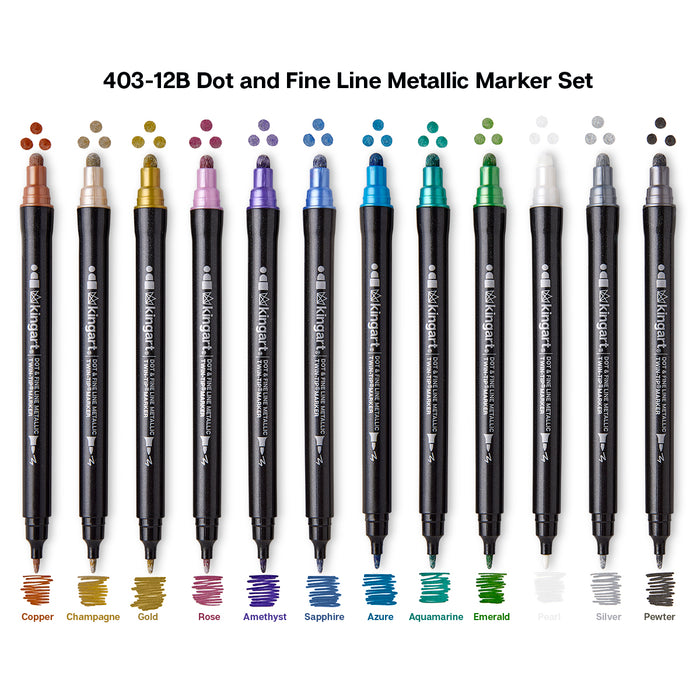 KINGART® Dot & Fine Twin-Tip™  Metallic Markers, 12 pc. Set -  - KINGART