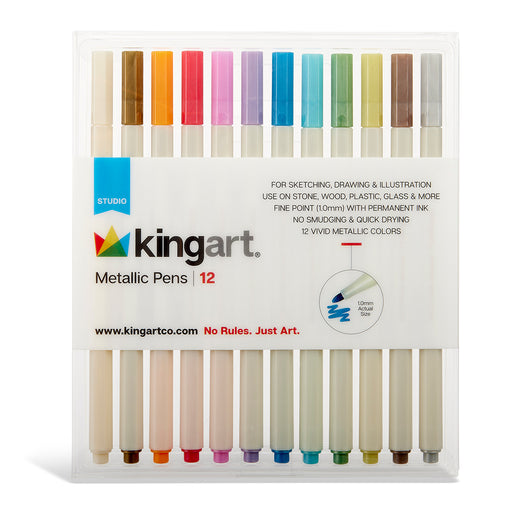 KINGART® Studio Metallic Pen Markers, Set of 12 Vivid Colors with Fine Point for DIY, Scrapbooks, Cards, Rocks & Works Great on Black Paper -  - KINGART