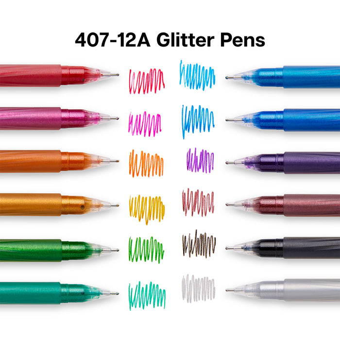 KINGART® Glittering Colored Gel Pens, Scrapbook, Journals, or Drawing, Colored Glitter Ink, Medium Line , Set of 12 Unique Colors - Studio - KINGART