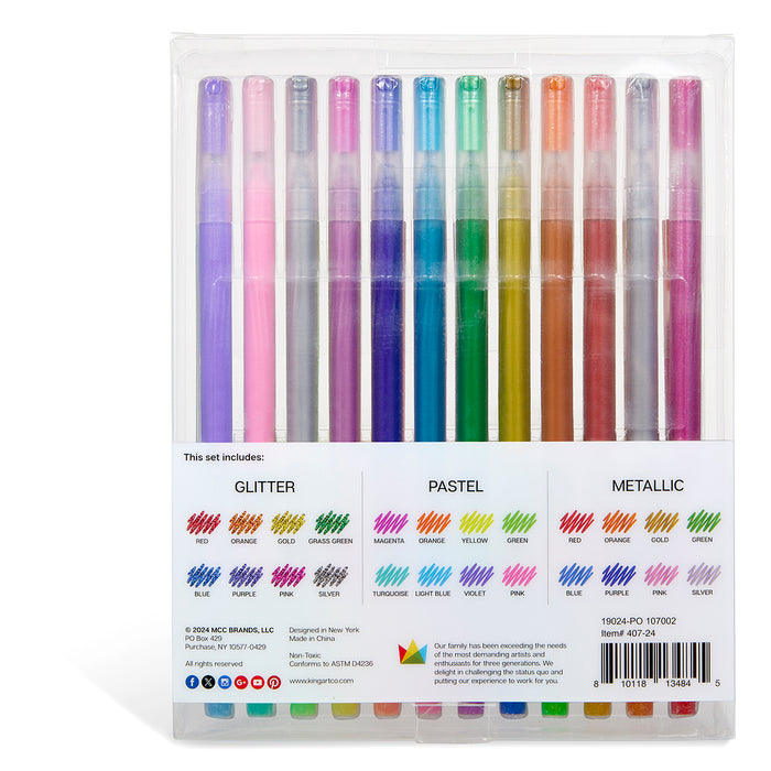 Gel Pens Variety Pack - Glitter, Metallic & Pastel Ink, Scrapbook, Journals, or Drawing, Medium Line, Set of 24 Unique Shades