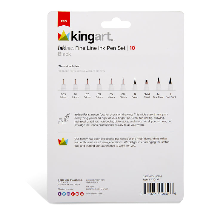 Inkline™ Fine Line Art & Graphic Pens, Archival Black Japanese Ink, Set of 10 Assorted Nibs