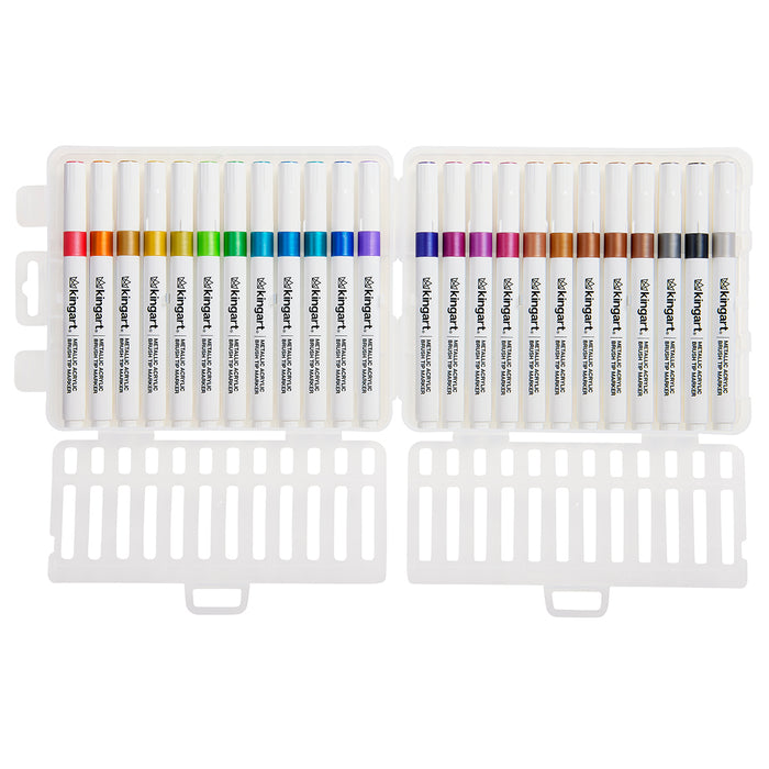 Metallic Acrylic Brush Tip Markers, Storage Case, Set of 24 Unique Colors