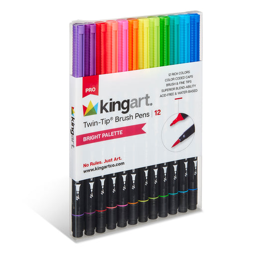 KINGART® PRO Twin-Tip™ 445 Series Brush Pen Art Markers, BRIGHT Collection, Set of 12 Unique & Vivid Colors - Pro - KINGART