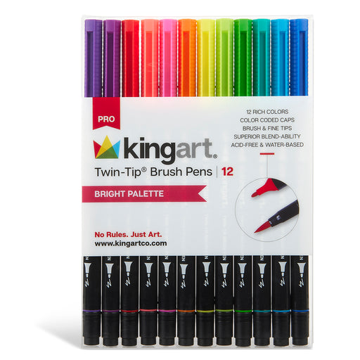 KINGART® PRO Twin-Tip™ 445 Series Brush Pen Art Markers, BRIGHT Collection, Set of 12 Unique & Vivid Colors - Pro - KINGART