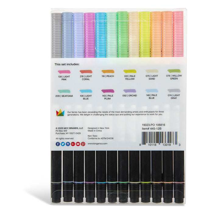 KINGART® PRO Twin-Tip™ 445 Series Brush Pen Art Markers, PASTEL Collection, Set of 12 Unique & Vivid Colors - Pro - KINGART