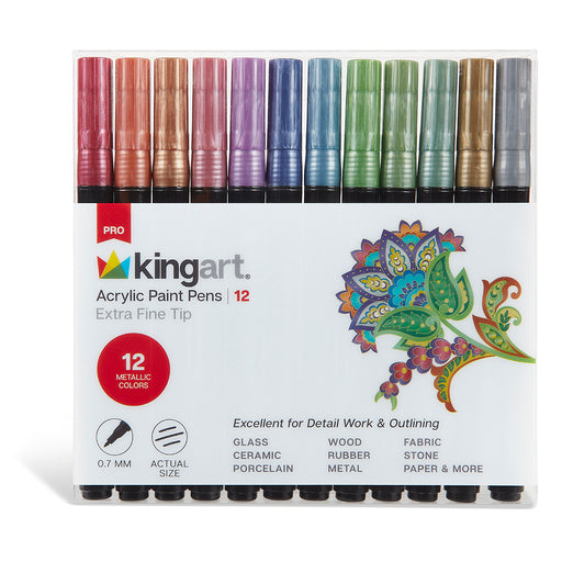 KINGART® PRO Extra Fine Point Acrylic Paint Pen Markers, Water-Based Ink, Set of 12 Metallic Colors - Pro - KINGART