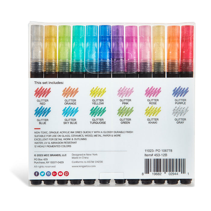 KINGART® PRO Extra Fine Point Acrylic Paint Pen Markers, Water-Based Ink, Set of 12 Gliltter Colors -  - KINGART