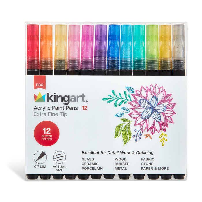 KINGART® PRO Extra Fine Point Acrylic Paint Pen Markers, Water-Based Ink, Set of 12 Gliltter Colors -  - KINGART