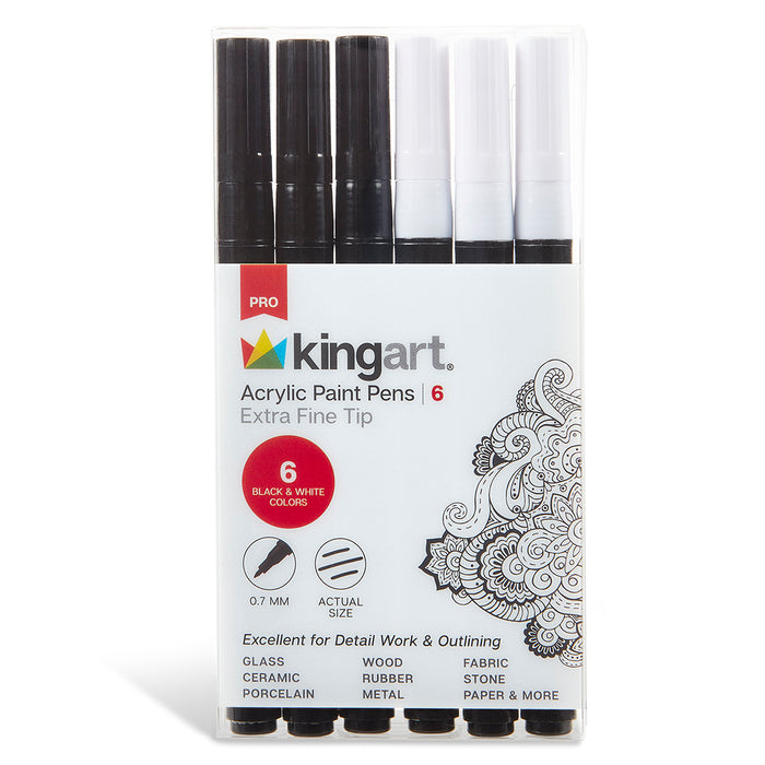 KINGART® Extra Fine Point Acrylic Paint Pen Markers, Permanent Ink, Black & White, Set of 6 (3 each) -  - KINGART