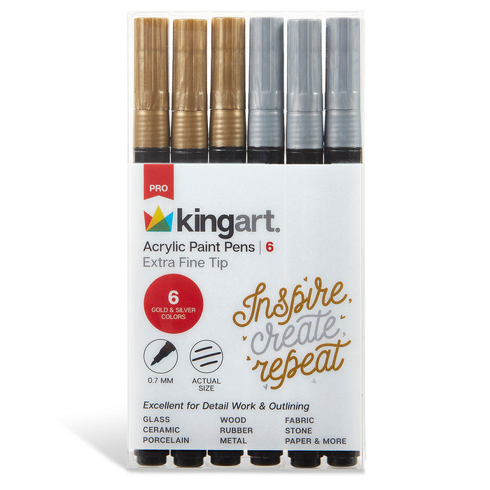 KINGART® Extra Fine Point Acrylic Paint Pen Markers, Permanent Ink, Silver & Gold, Set of 6 (3 each) - Studio - KINGART