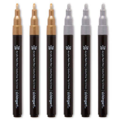 KINGART® Extra Fine Point Acrylic Paint Pen Markers, Permanent Ink, Silver & Gold, Set of 6 (3 each) - Studio - KINGART