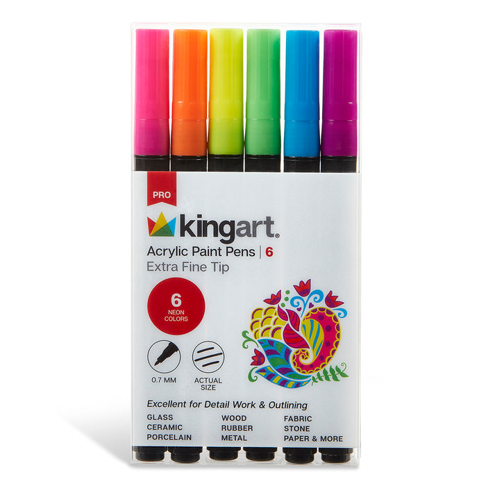 KINGART® Extra Fine Point Acrylic Paint Pen Markers, Permanent Ink, Neon Colors, Set of 6 - Studio - KINGART