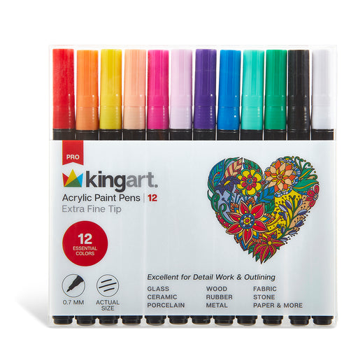 KINGART® Extra Fine Point Acrylic Paint Pen Markers, Permanent Ink, Set of 12 Colors - Studio - KINGART