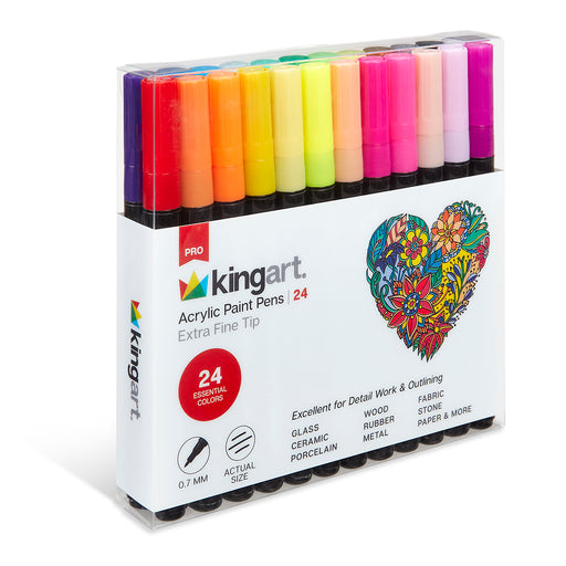 KINGART® PRO Extra Fine Point Acrylic Paint Pen Markers, Water-Based Ink, Set of 24 Colors - Studio - KINGART