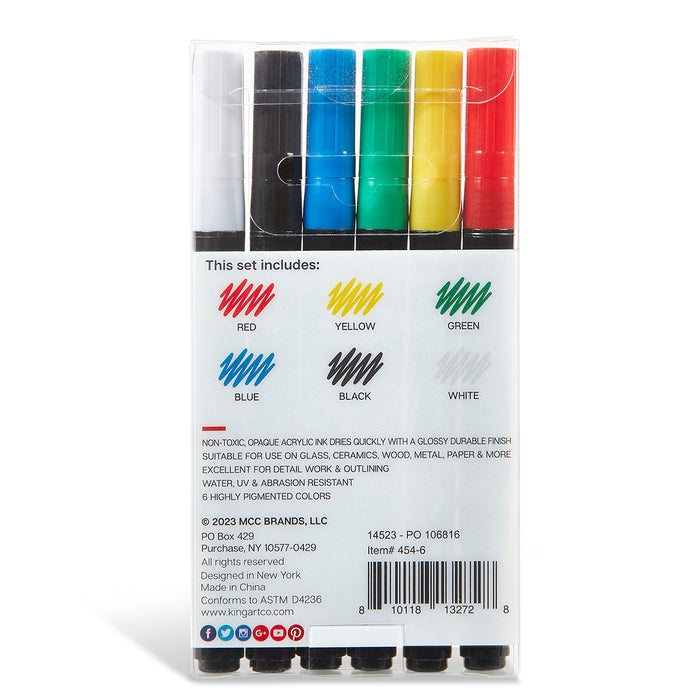 KINGART® Extra Fine Point Acrylic Paint Pen Markers, Permanent Ink, Set of 6 Colors - Studio - KINGART