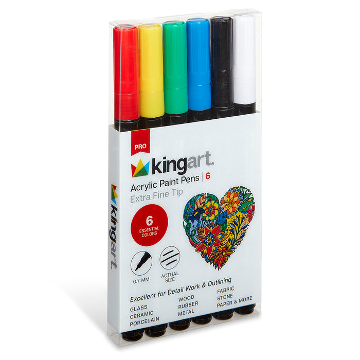 KINGART® Extra Fine Point Acrylic Paint Pen Markers, Permanent Ink, Set of 6 Colors - Studio - KINGART