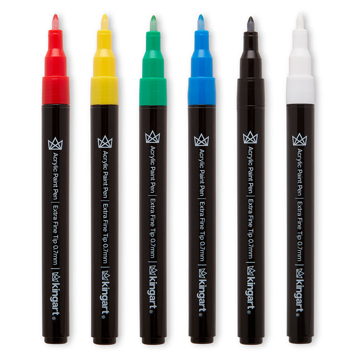 KINGART® Extra Fine Point Acrylic Paint Pen Markers, Permanent Ink, Set of 6 Colors - Studio - KINGART