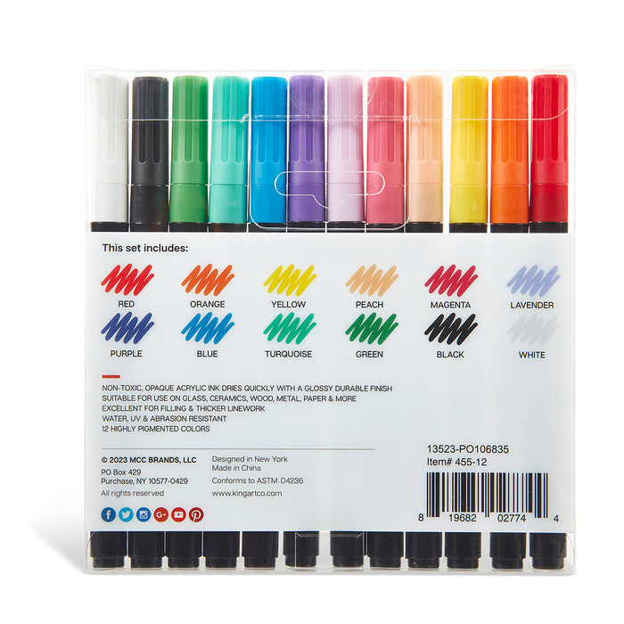 KINGART® Pro Acrylic Paint Pens, 2mm Tip Size, Set of 12 Unique Colors - Studio - KINGART®