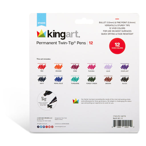 KINGART® Studio Permanent Fine & Ultra Fine Point Twin-Tip™ Pens, Set of 12 Unique & Vivid Colors - Studio - KINGART