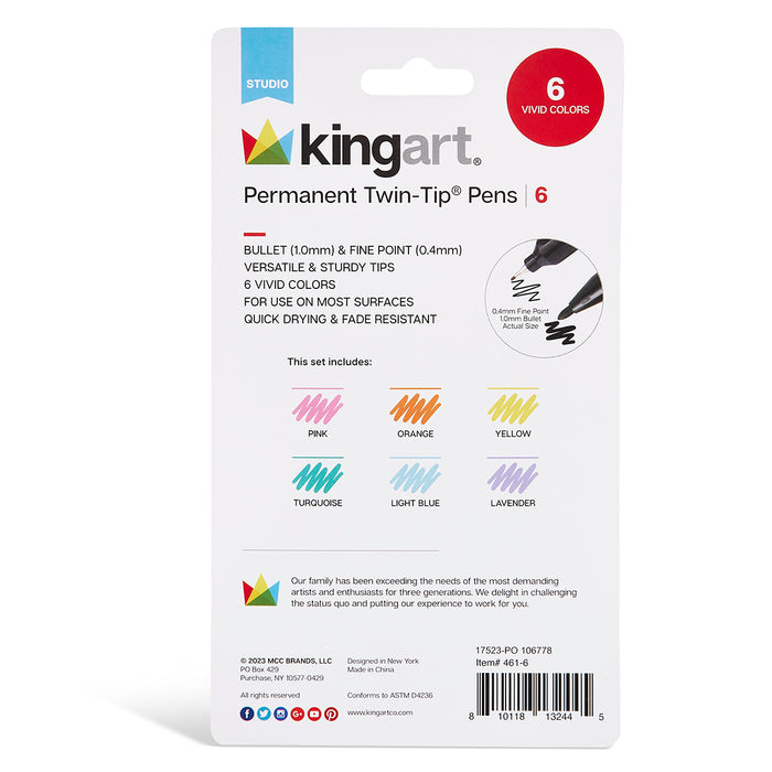 KINGART® Studio Permanent Fine & Ultra-Fine Point Twin-Tip™ Pens, Set of 6 Unique & Vivid Fashion Colors - Studio - KINGART