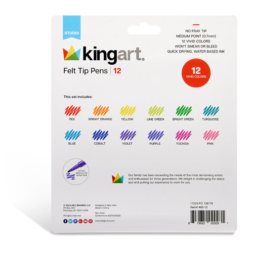 KINGART® Studio Felt Tip Pens, Medium Point, Set 12 Unique Bright Colors - Studio - KINGART