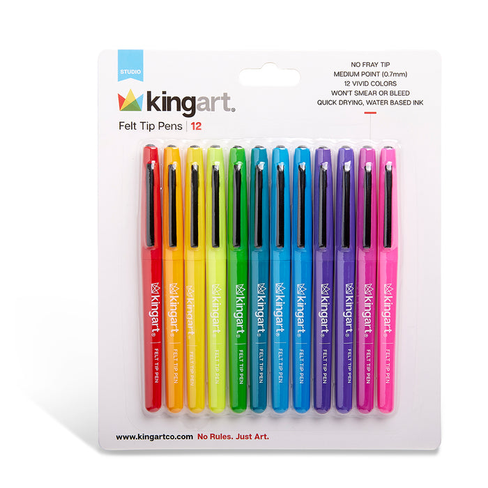 KINGART® Studio Felt Tip Pens, Medium Point, Set 12 Unique Bright Colors - Studio - KINGART