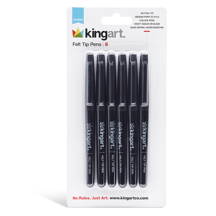 KINGART® Studio Felt Tip Pens, Medium Point, Set 6 Black Ink Markers - Studio - KINGART